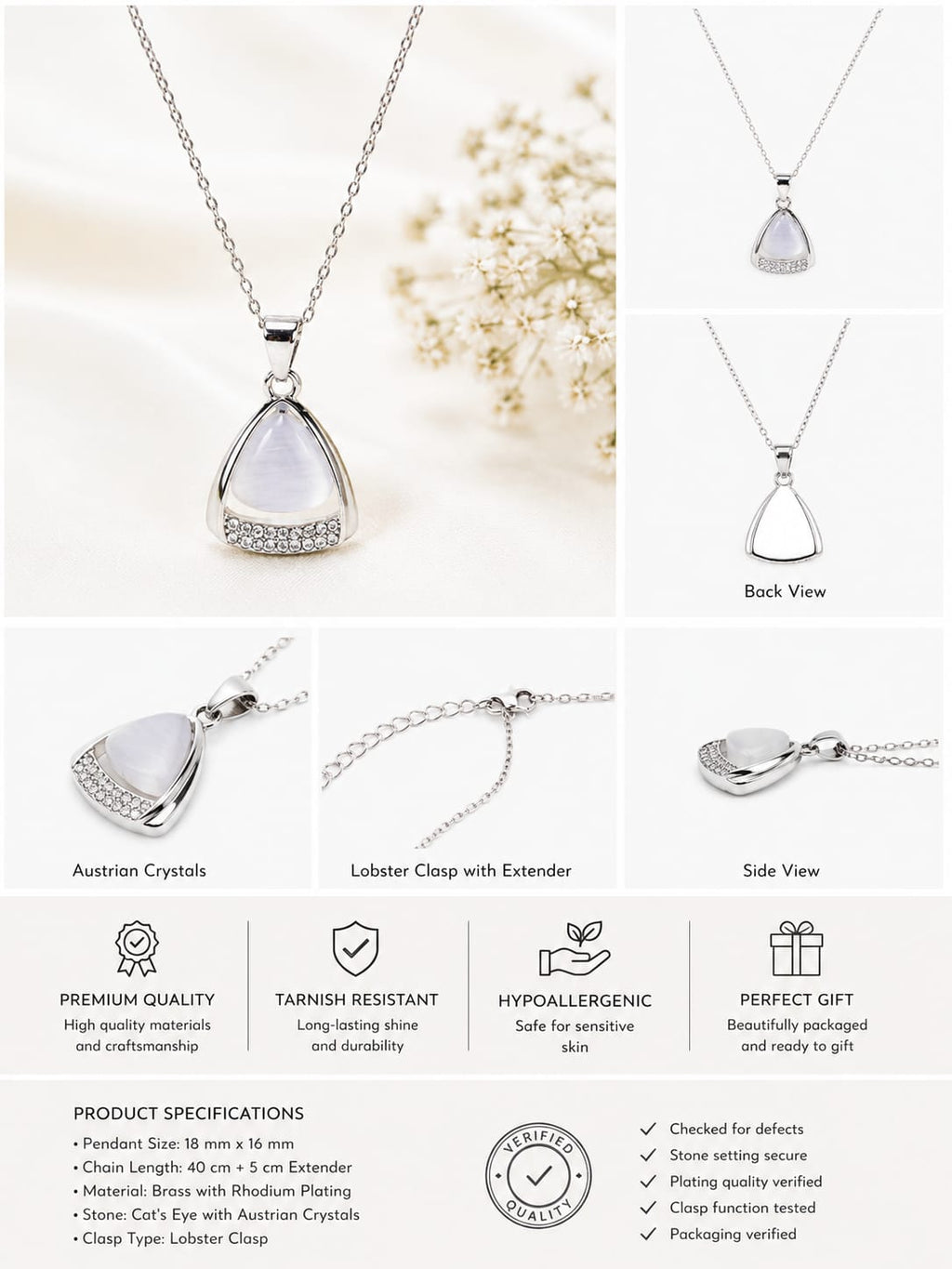 White Crystal Pendant Necklace | Elegant Silver Necklace for Women | Gift for Her